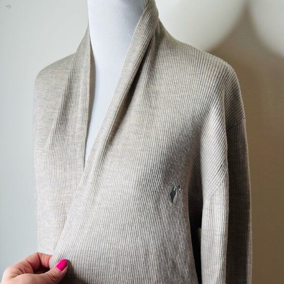 All Saints Boston Taupe Mode Merino Ramskull Open Cardigan - Picture 3 of 8